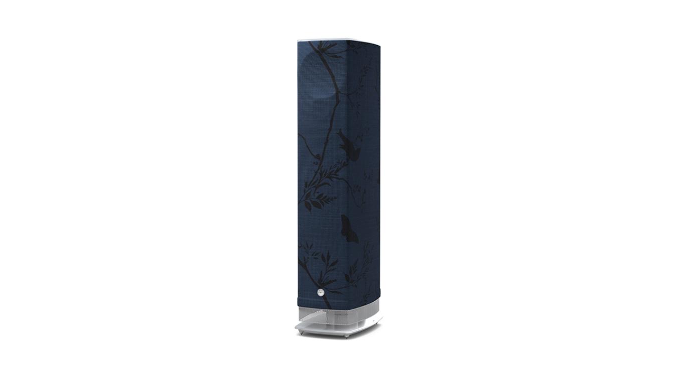 Linn Series 5 530 Exakt Active Loudspeaker in blueberry birdbranch with a white base