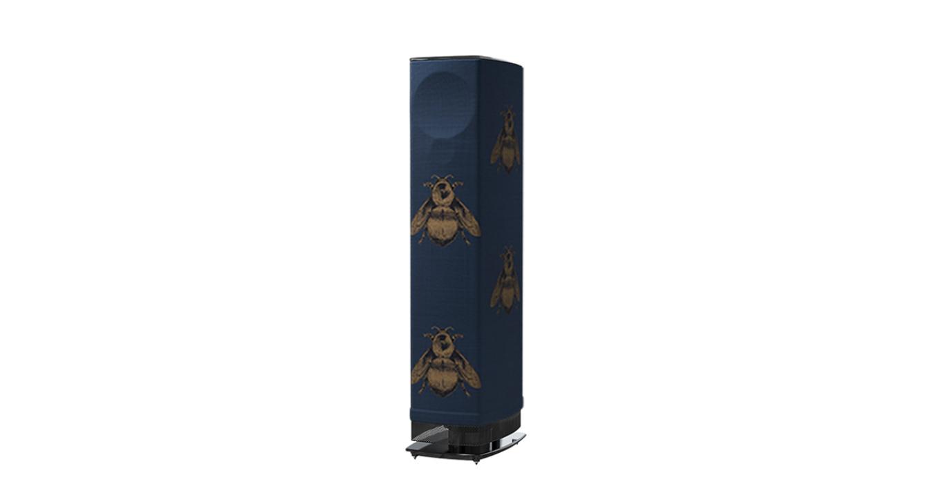 Linn Series 5 530 Exakt Active Loudspeaker in blueberry with large bees and a black base