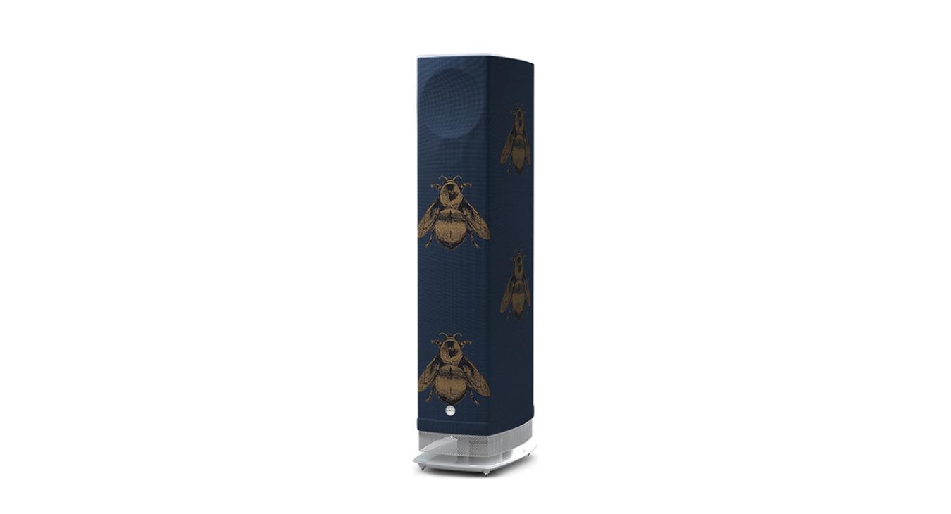 Linn Series 5 530 Exakt Active Loudspeaker in in blueberry with large bees and a white base